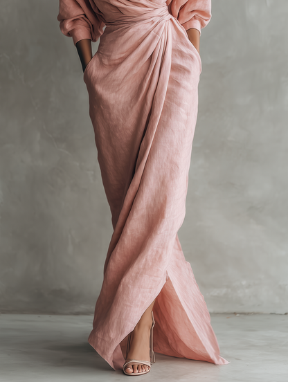 Vestido largo minimalista rosa con escote en V, de mezcla de lino para mujer.
