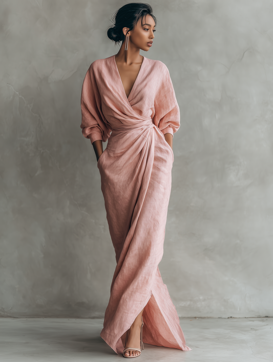 Vestido largo minimalista rosa con escote en V, de mezcla de lino para mujer.