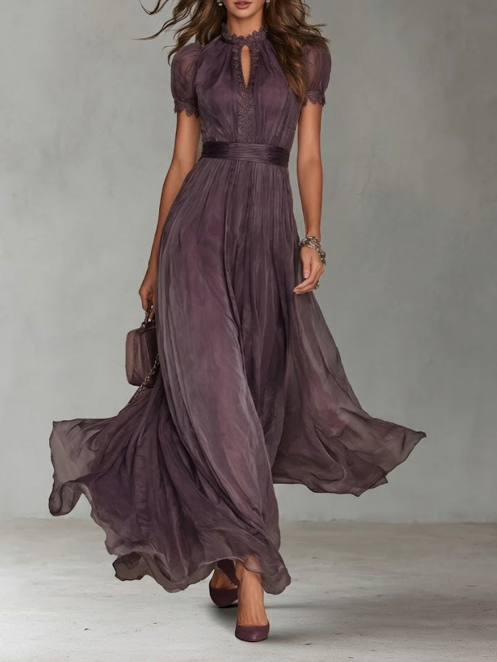 Flavia - Vestido largo morado con escote en forma de gota y ribete de encaje de gasa