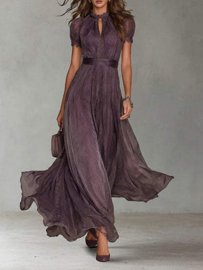 Flavia - Vestido largo morado con escote en forma de gota y ribete de encaje de gasa