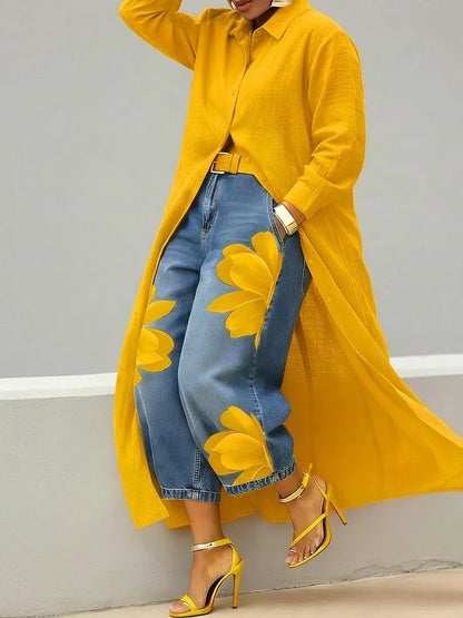Maud | Conjunto de camisa larga y vaqueros florales