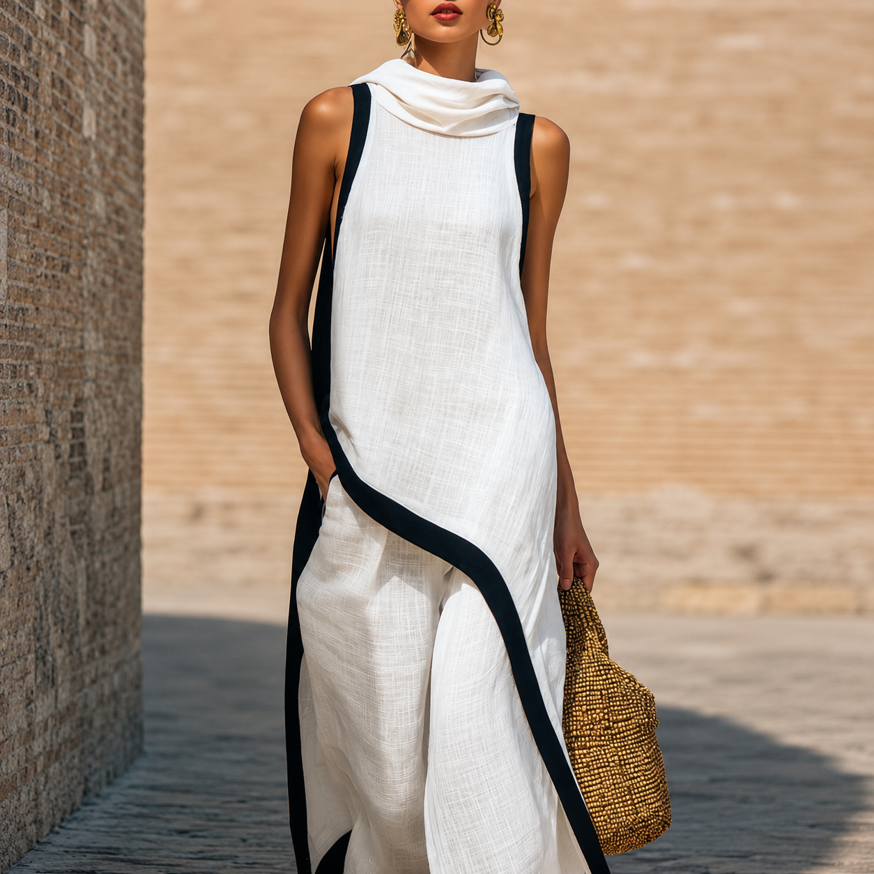 Conjunto elegante de dos piezas en lino y algodón con corte artístico