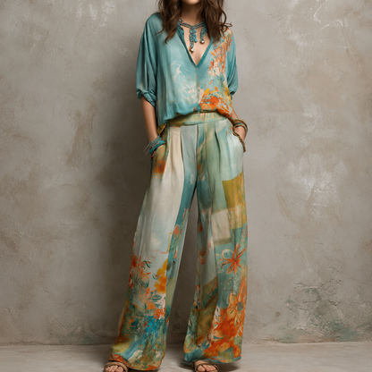Chiara | Elegante conjunto con estampado floral y pantalones anchos