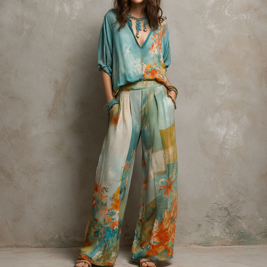 Chiara | Elegante conjunto con estampado floral y pantalones anchos