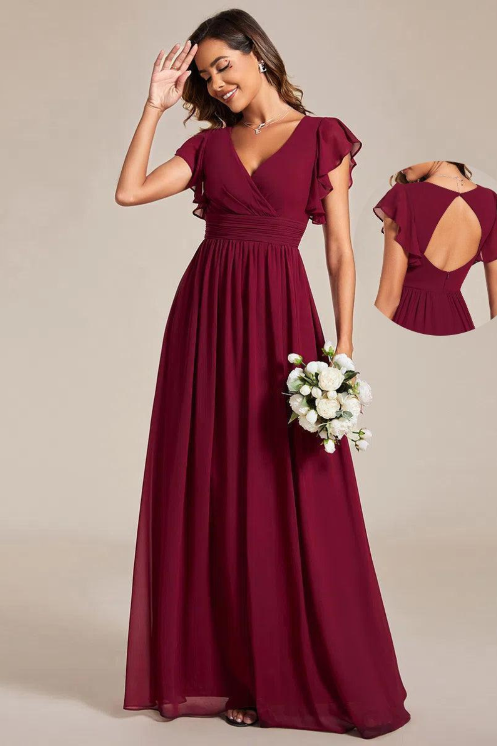 LILYANA™ | Vestido de dama de honor en gasa con mangas plisadas y abertura en la espalda