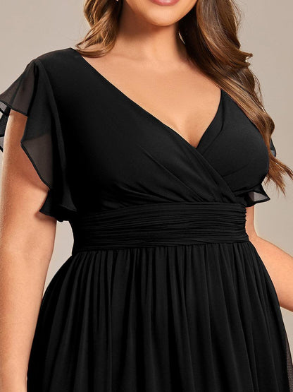 LILYANA™ | Vestido de dama de honor en gasa con mangas plisadas y abertura en la espalda