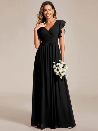 LILYANA™ | Vestido de dama de honor en gasa con mangas plisadas y abertura en la espalda