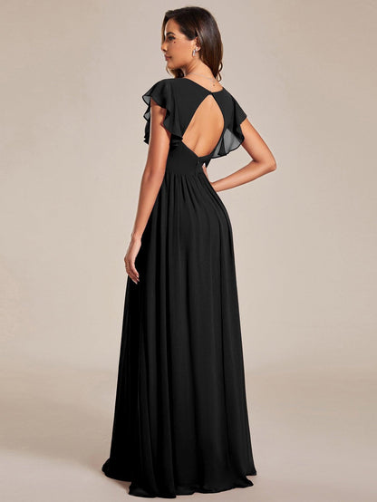 LILYANA™ | Vestido de dama de honor en gasa con mangas plisadas y abertura en la espalda