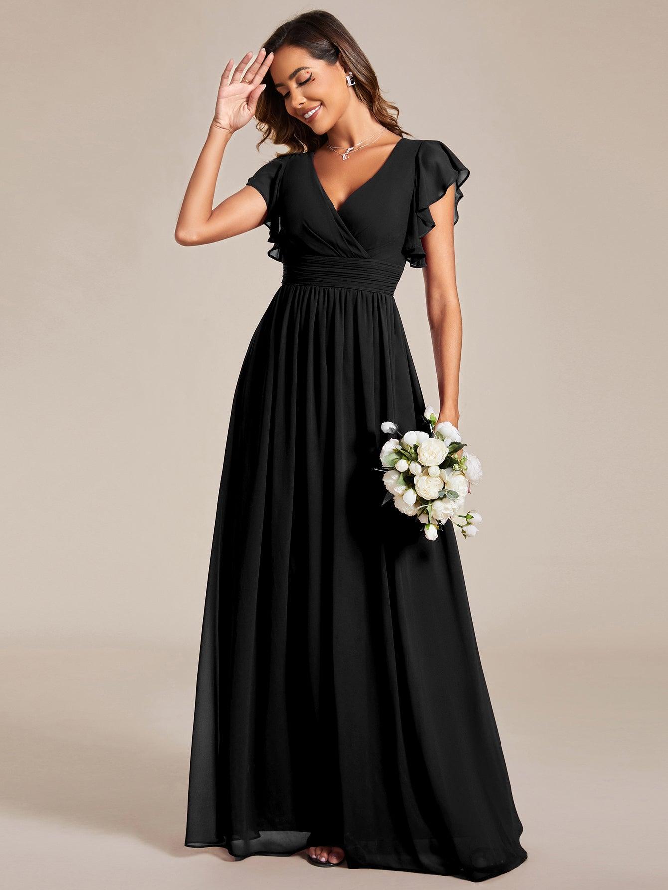 LILYANA™ | Vestido de dama de honor en gasa con mangas plisadas y abertura en la espalda
