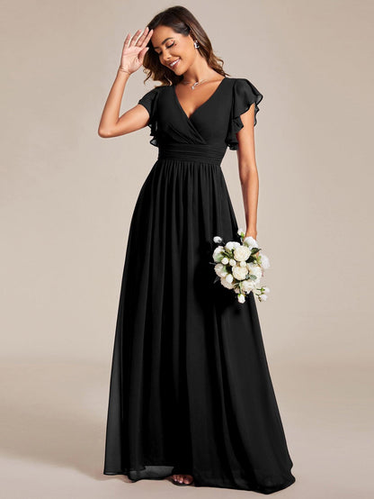 LILYANA™ | Vestido de dama de honor en gasa con mangas plisadas y abertura en la espalda
