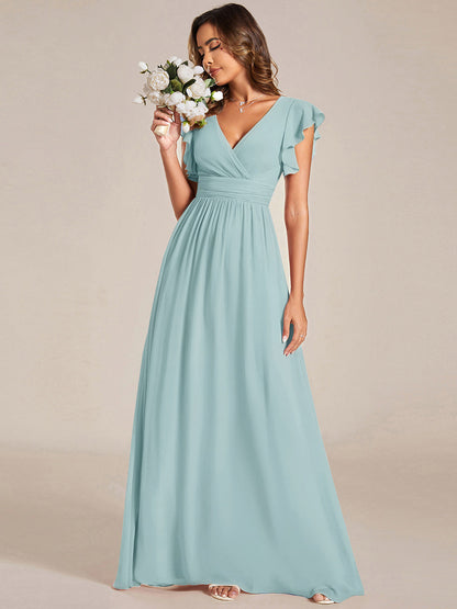 LILYANA™ | Vestido de dama de honor en gasa con mangas plisadas y abertura en la espalda