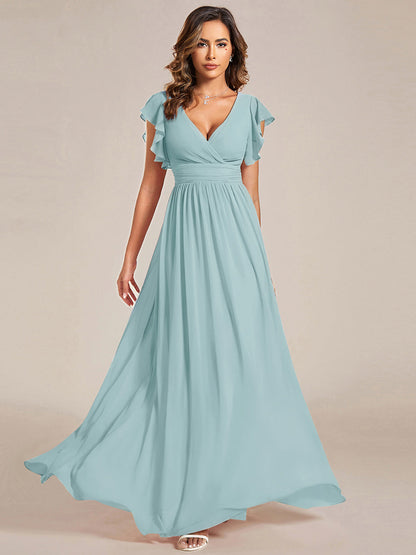 LILYANA™ | Vestido de dama de honor en gasa con mangas plisadas y abertura en la espalda