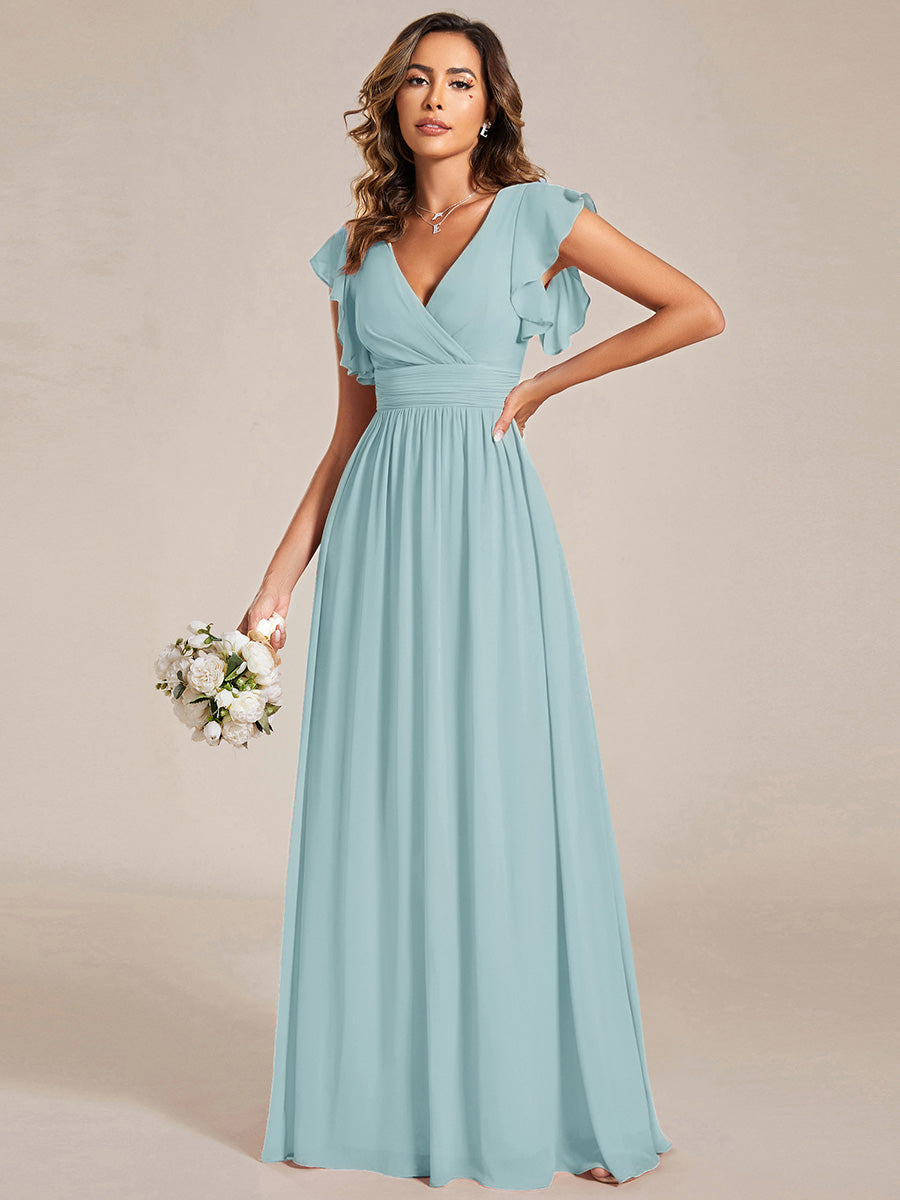 LILYANA™ | Vestido de dama de honor en gasa con mangas plisadas y abertura en la espalda