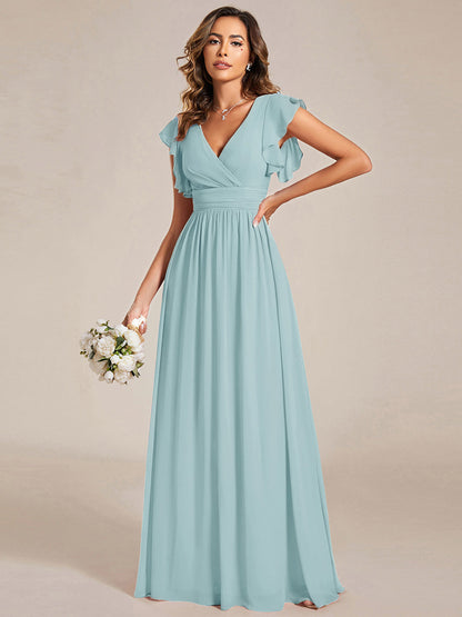 LILYANA™ | Vestido de dama de honor en gasa con mangas plisadas y abertura en la espalda