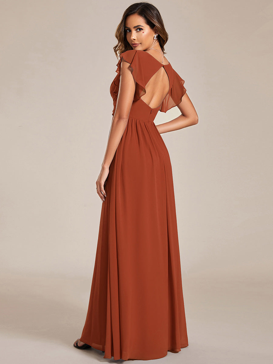LILYANA™ | Vestido de dama de honor en gasa con mangas plisadas y abertura en la espalda