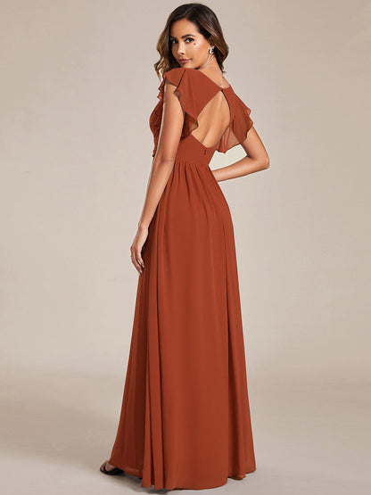 LILYANA™ | Vestido de dama de honor en gasa con mangas plisadas y abertura en la espalda