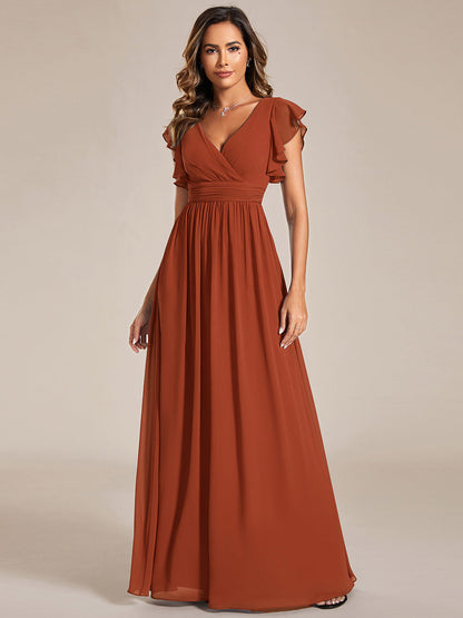 LILYANA™ | Vestido de dama de honor en gasa con mangas plisadas y abertura en la espalda