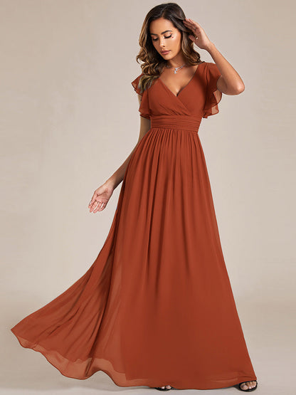 LILYANA™ | Vestido de dama de honor en gasa con mangas plisadas y abertura en la espalda