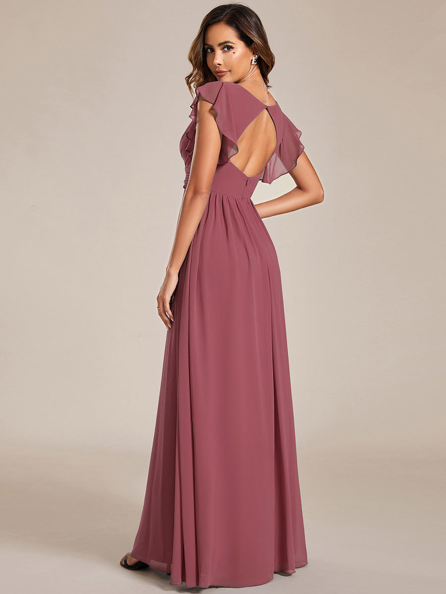 LILYANA™ | Vestido de dama de honor en gasa con mangas plisadas y abertura en la espalda