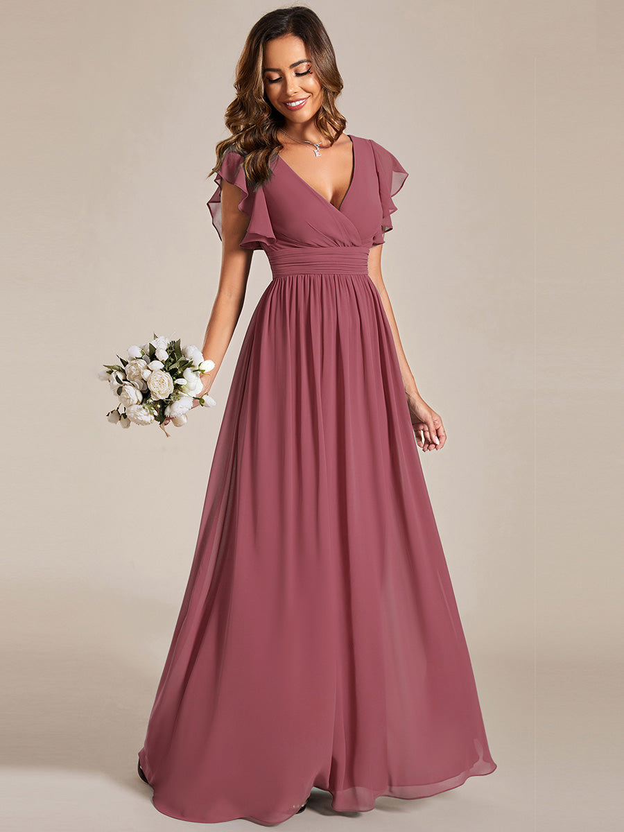 LILYANA™ | Vestido de dama de honor en gasa con mangas plisadas y abertura en la espalda