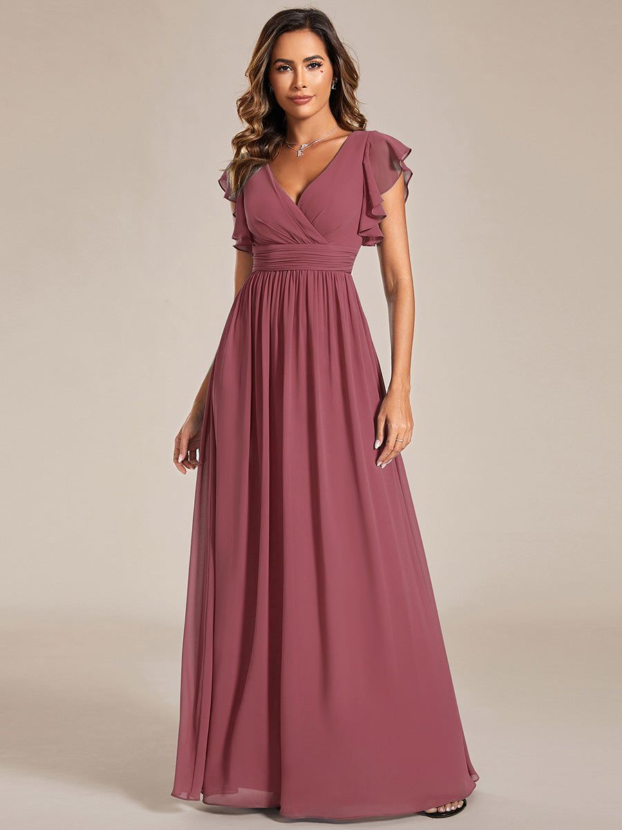 LILYANA™ | Vestido de dama de honor en gasa con mangas plisadas y abertura en la espalda
