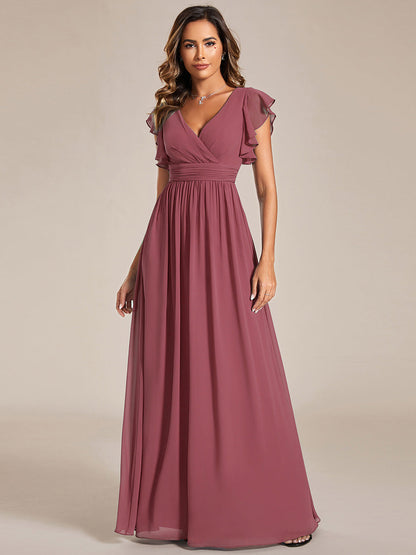 LILYANA™ | Vestido de dama de honor en gasa con mangas plisadas y abertura en la espalda