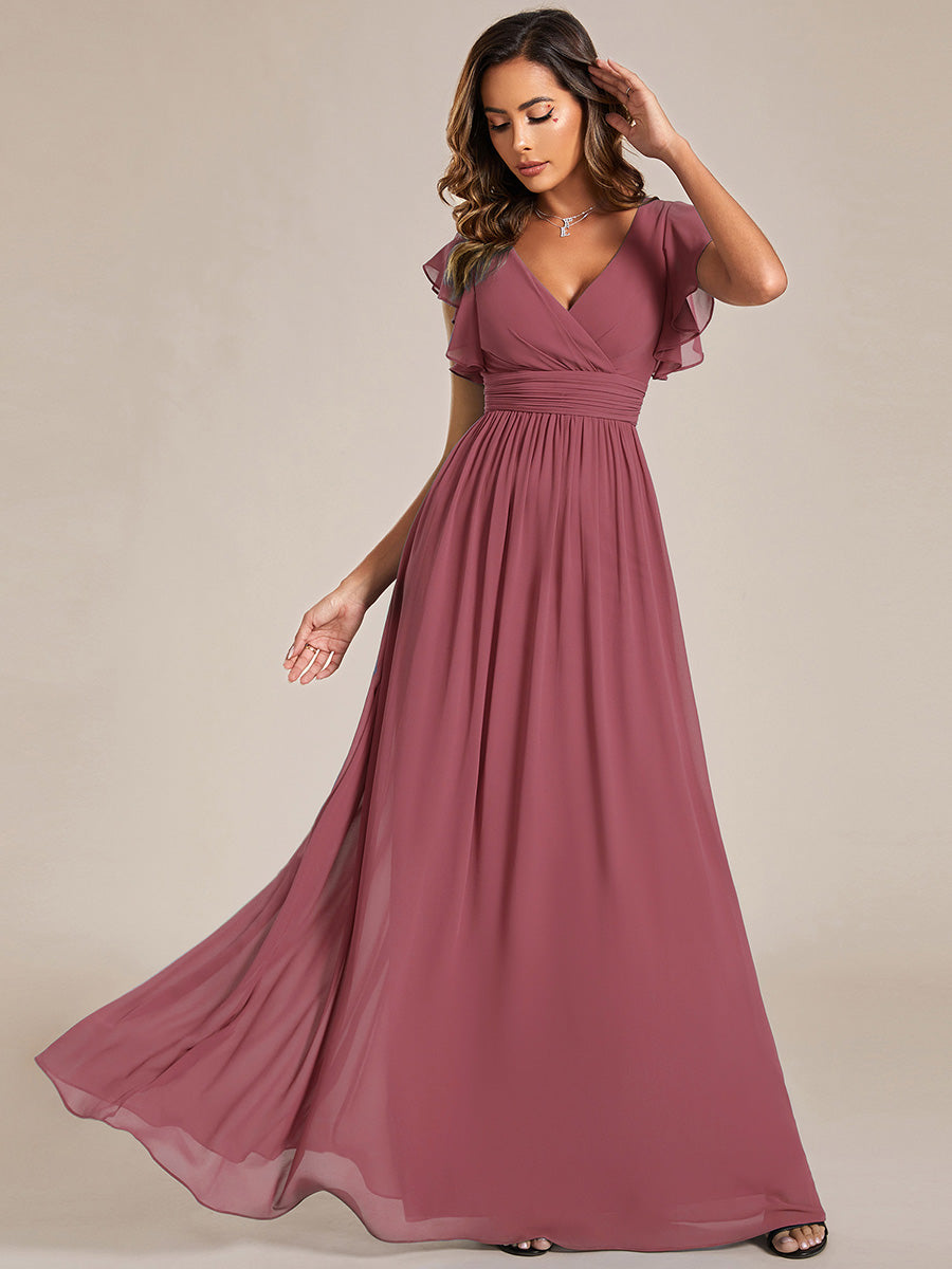 LILYANA™ | Vestido de dama de honor en gasa con mangas plisadas y abertura en la espalda