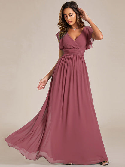 LILYANA™ | Vestido de dama de honor en gasa con mangas plisadas y abertura en la espalda