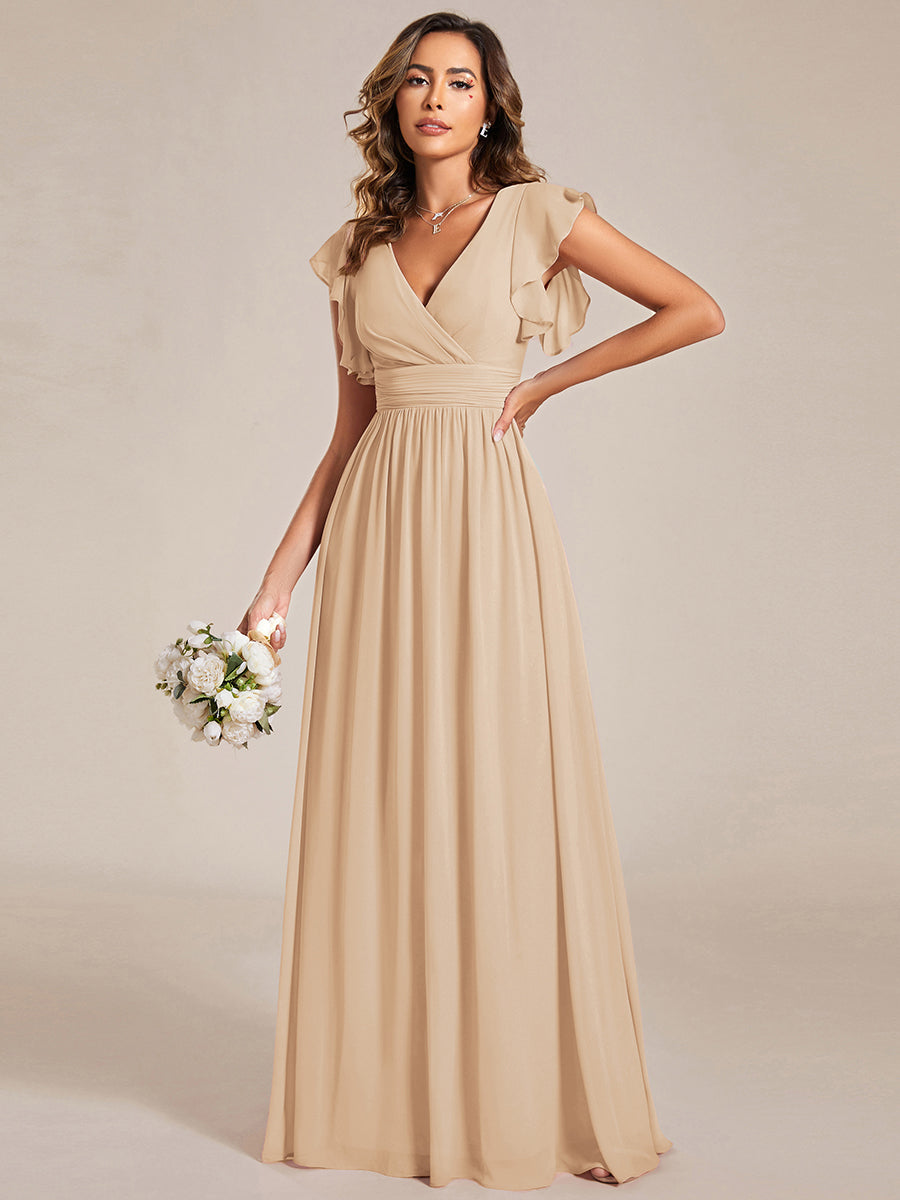 LILYANA™ | Vestido de dama de honor en gasa con mangas plisadas y abertura en la espalda
