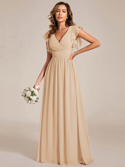 LILYANA™ | Vestido de dama de honor en gasa con mangas plisadas y abertura en la espalda