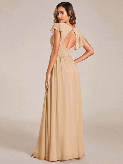 LILYANA™ | Vestido de dama de honor en gasa con mangas plisadas y abertura en la espalda