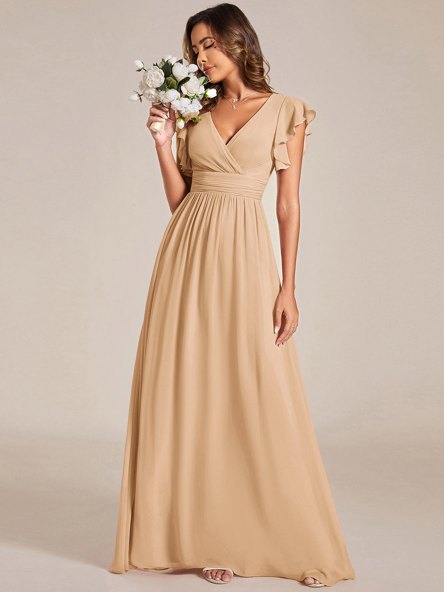 LILYANA™ | Vestido de dama de honor en gasa con mangas plisadas y abertura en la espalda