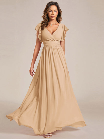 LILYANA™ | Vestido de dama de honor en gasa con mangas plisadas y abertura en la espalda