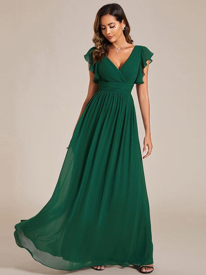 LILYANA™ | Vestido de dama de honor en gasa con mangas plisadas y abertura en la espalda