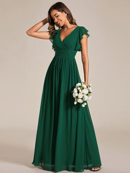 LILYANA™ | Vestido de dama de honor en gasa con mangas plisadas y abertura en la espalda