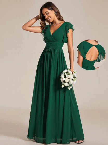 LILYANA™ | Vestido de dama de honor en gasa con mangas plisadas y abertura en la espalda