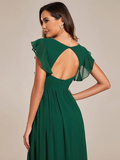 LILYANA™ | Vestido de dama de honor en gasa con mangas plisadas y abertura en la espalda