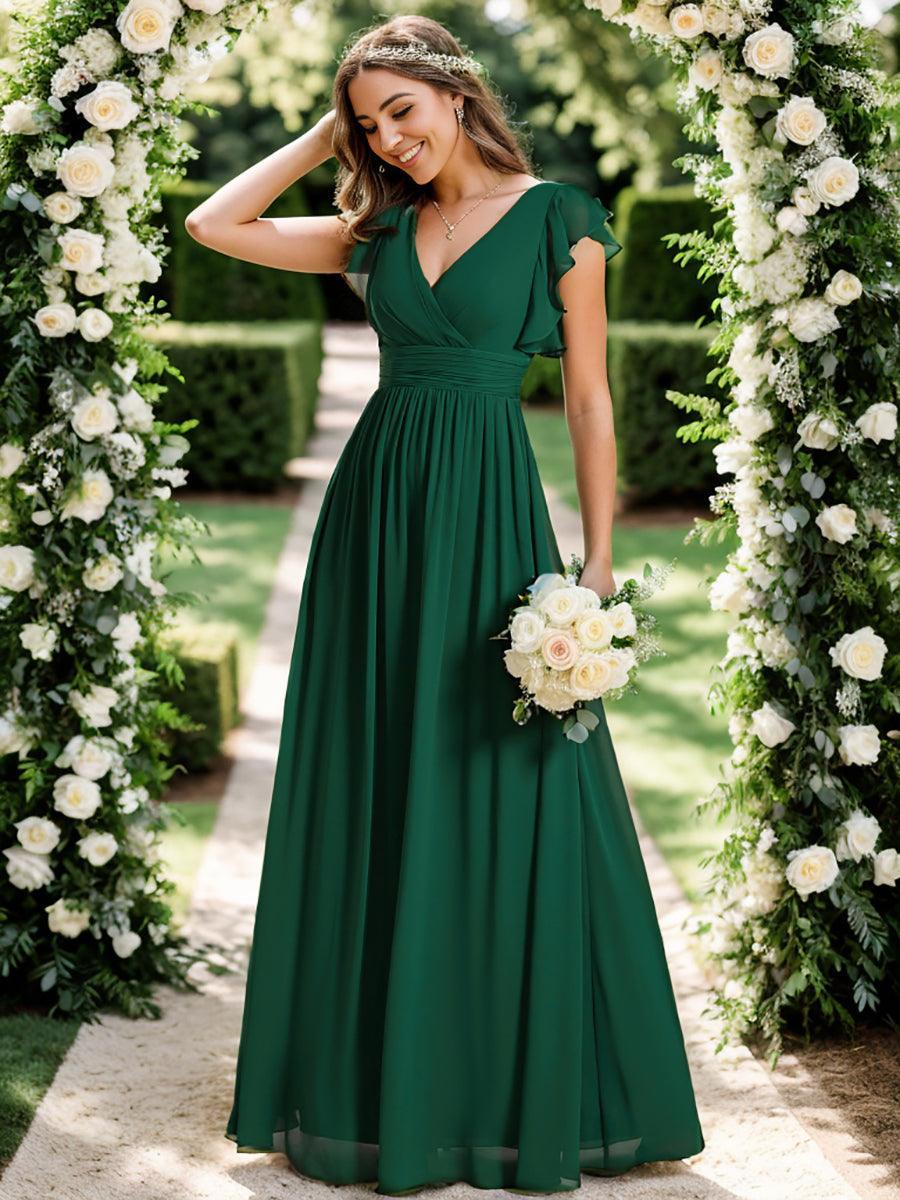 LILYANA™ | Vestido de dama de honor en gasa con mangas plisadas y abertura en la espalda