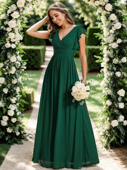 LILYANA™ | Vestido de dama de honor en gasa con mangas plisadas y abertura en la espalda