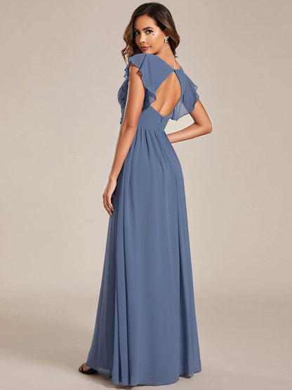 LILYANA™ | Vestido de dama de honor en gasa con mangas plisadas y abertura en la espalda