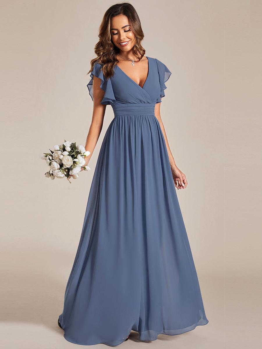 LILYANA™ | Vestido de dama de honor en gasa con mangas plisadas y abertura en la espalda