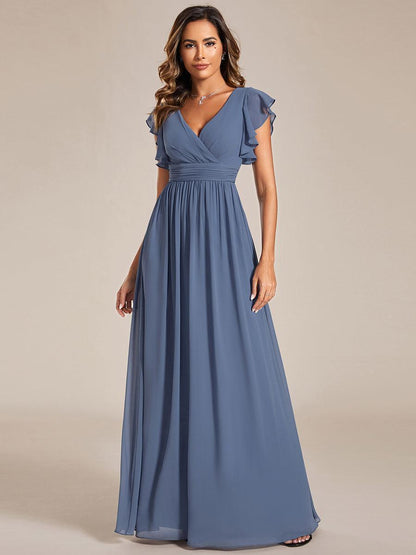 LILYANA™ | Vestido de dama de honor en gasa con mangas plisadas y abertura en la espalda