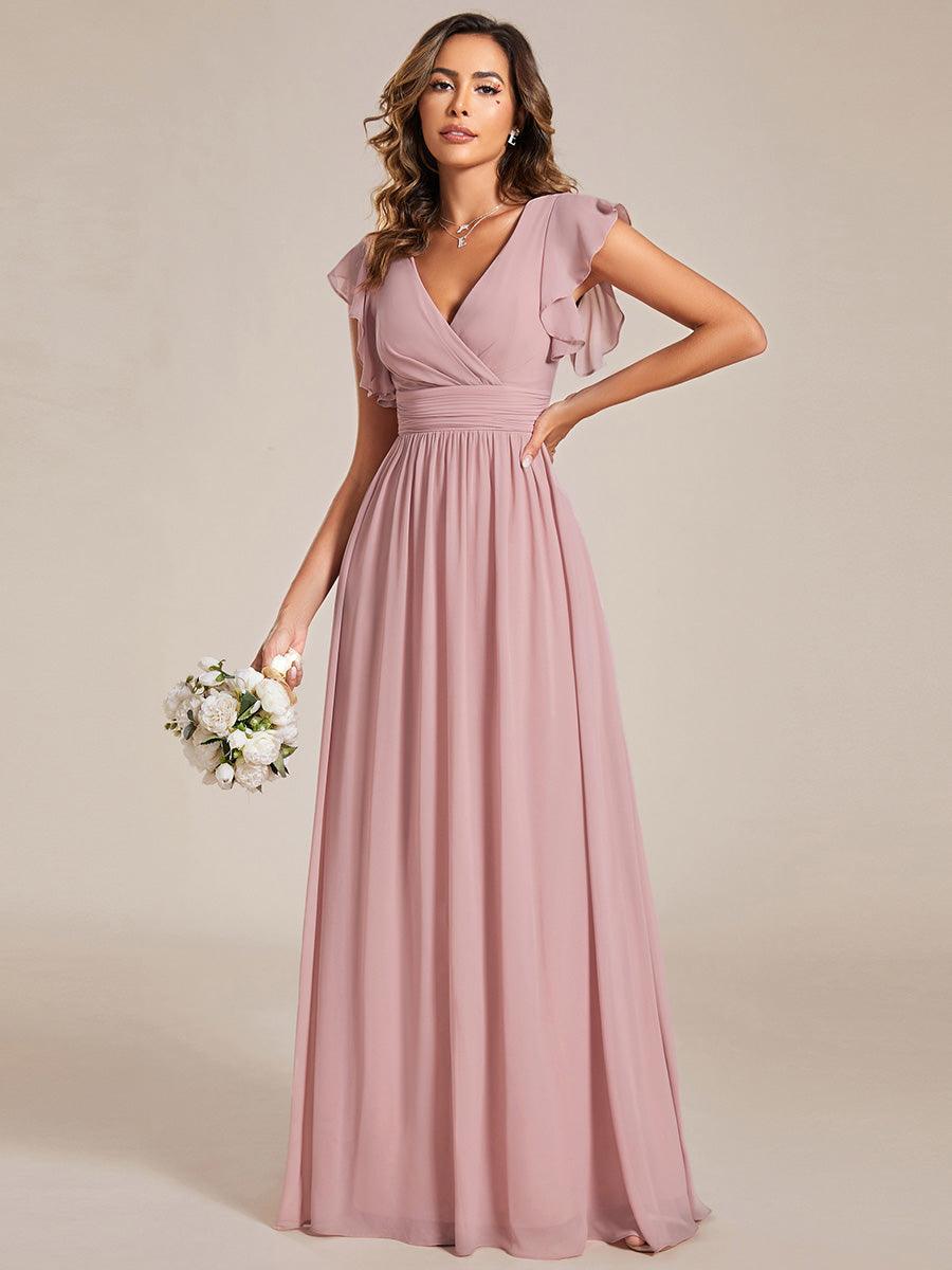 LILYANA™ | Vestido de dama de honor en gasa con mangas plisadas y abertura en la espalda