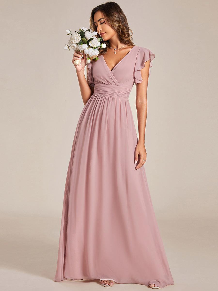 LILYANA™ | Vestido de dama de honor en gasa con mangas plisadas y abertura en la espalda