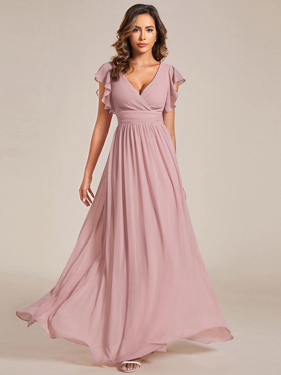 LILYANA™ | Vestido de dama de honor en gasa con mangas plisadas y abertura en la espalda