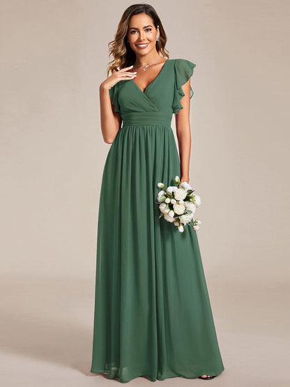 LILYANA™ | Vestido de dama de honor en gasa con mangas plisadas y abertura en la espalda