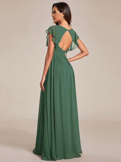 LILYANA™ | Vestido de dama de honor en gasa con mangas plisadas y abertura en la espalda
