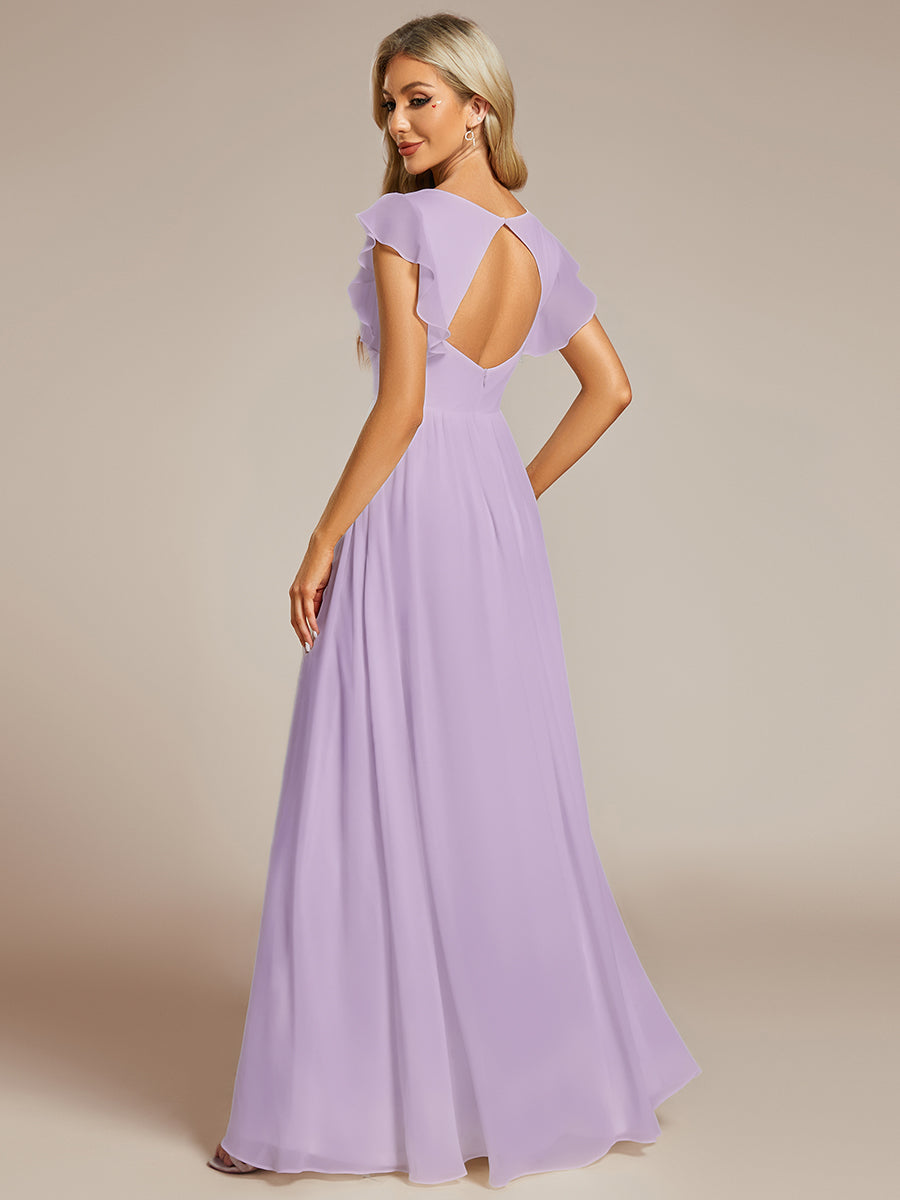 LILYANA™ | Vestido de dama de honor en gasa con mangas plisadas y abertura en la espalda