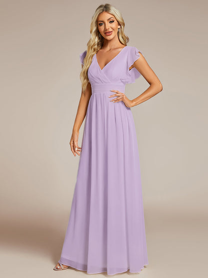LILYANA™ | Vestido de dama de honor en gasa con mangas plisadas y abertura en la espalda