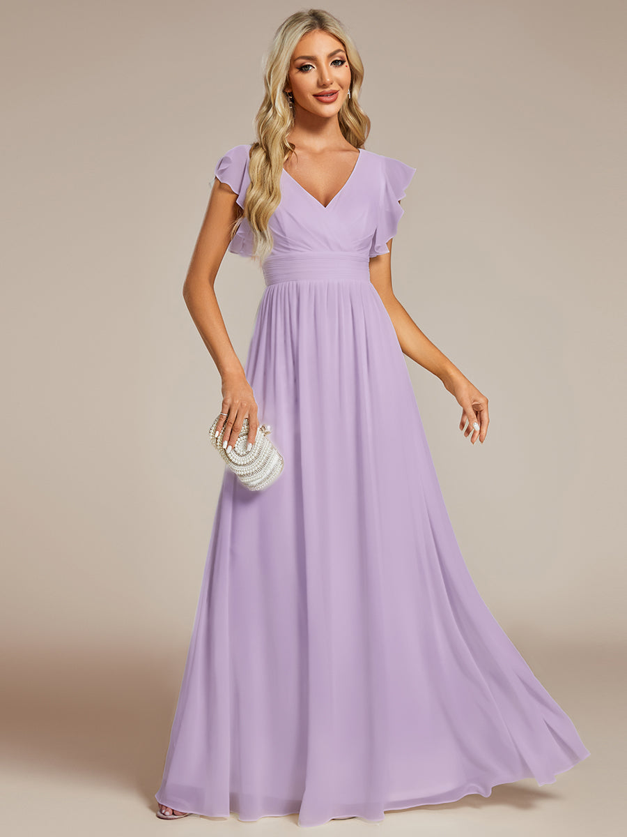 LILYANA™ | Vestido de dama de honor en gasa con mangas plisadas y abertura en la espalda